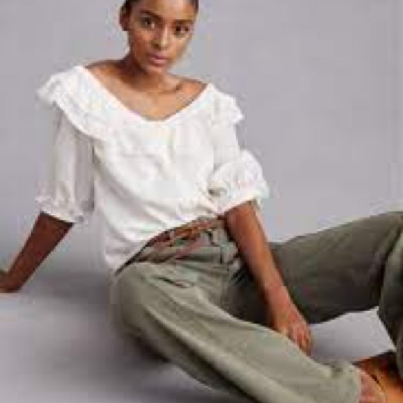 Anthropology Maeve ruffle bottom up top cream lined top size Small - Picture 2 of 9